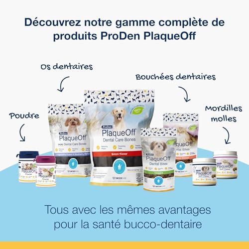 ProDen PlaqueOff envase en mesa, material natural para perros y gatos.