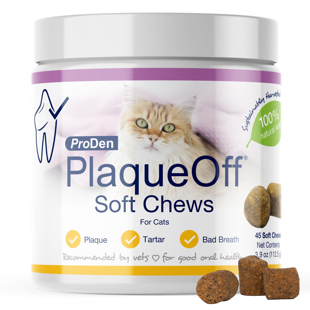 ProDen PlaqueOff envase para gatos con gomitas suaves y alga natural para higiene bucal.