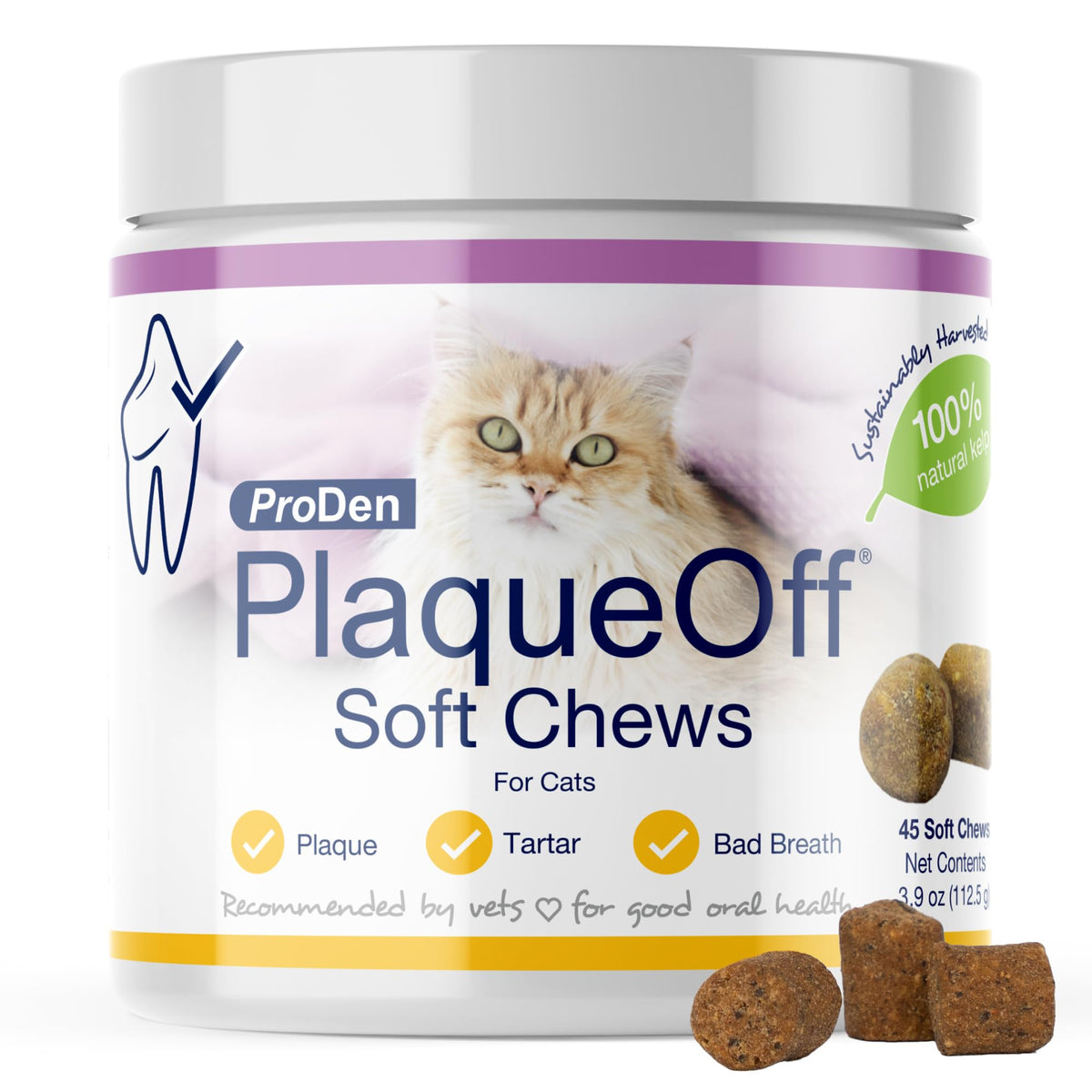 ProDen PlaqueOff envase para gatos con gomitas suaves y alga natural para higiene bucal.