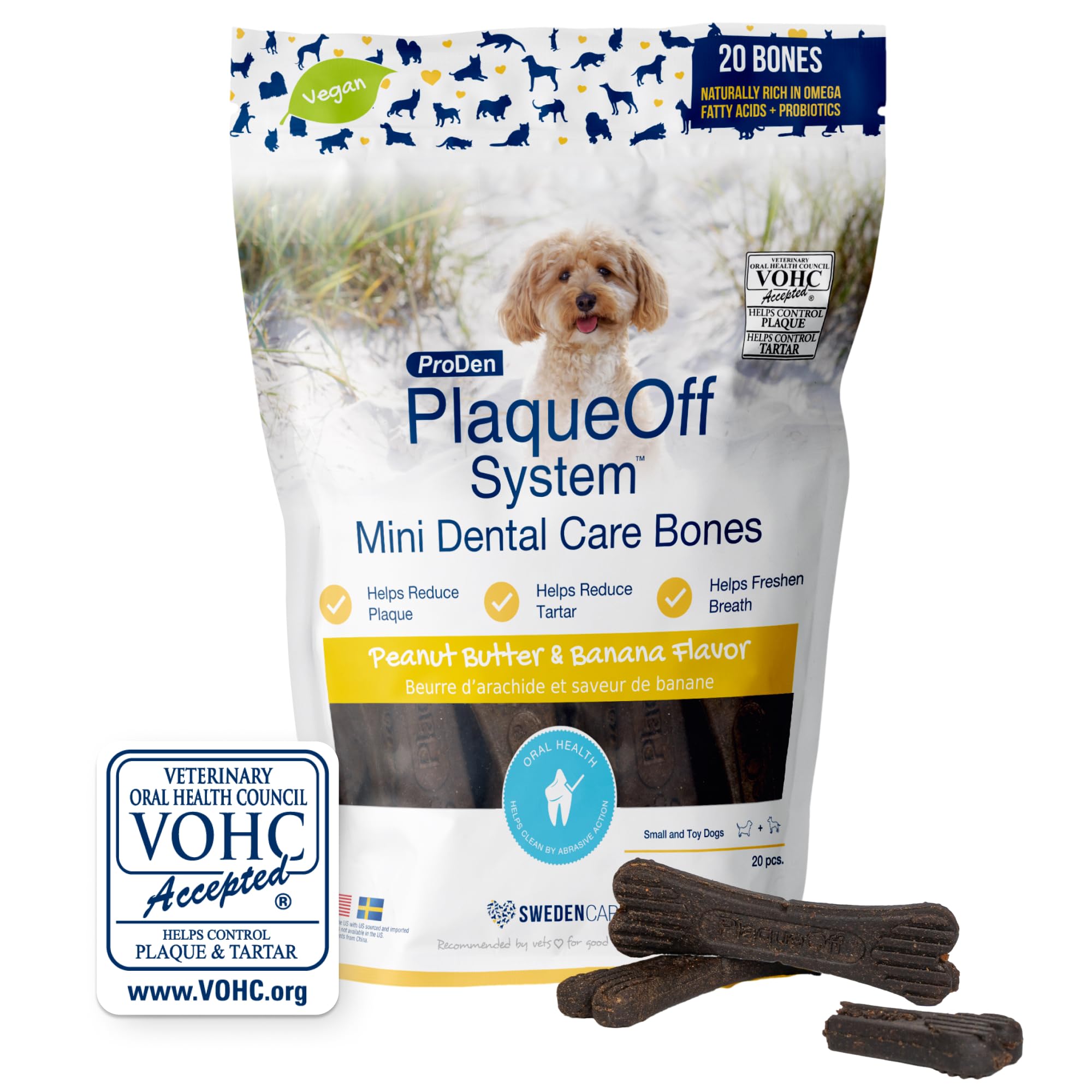 ProDen PlaqueOff Mini: hueso dental con mantequilla de cacahuete, ideal para higiene oral diaria.