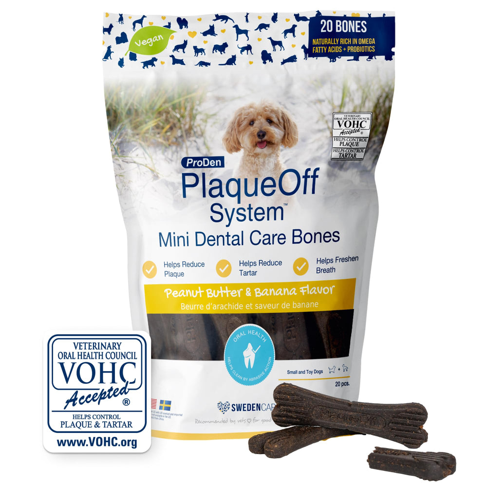 ProDen PlaqueOff Mini: hueso dental con mantequilla de cacahuete, ideal para higiene oral diaria.