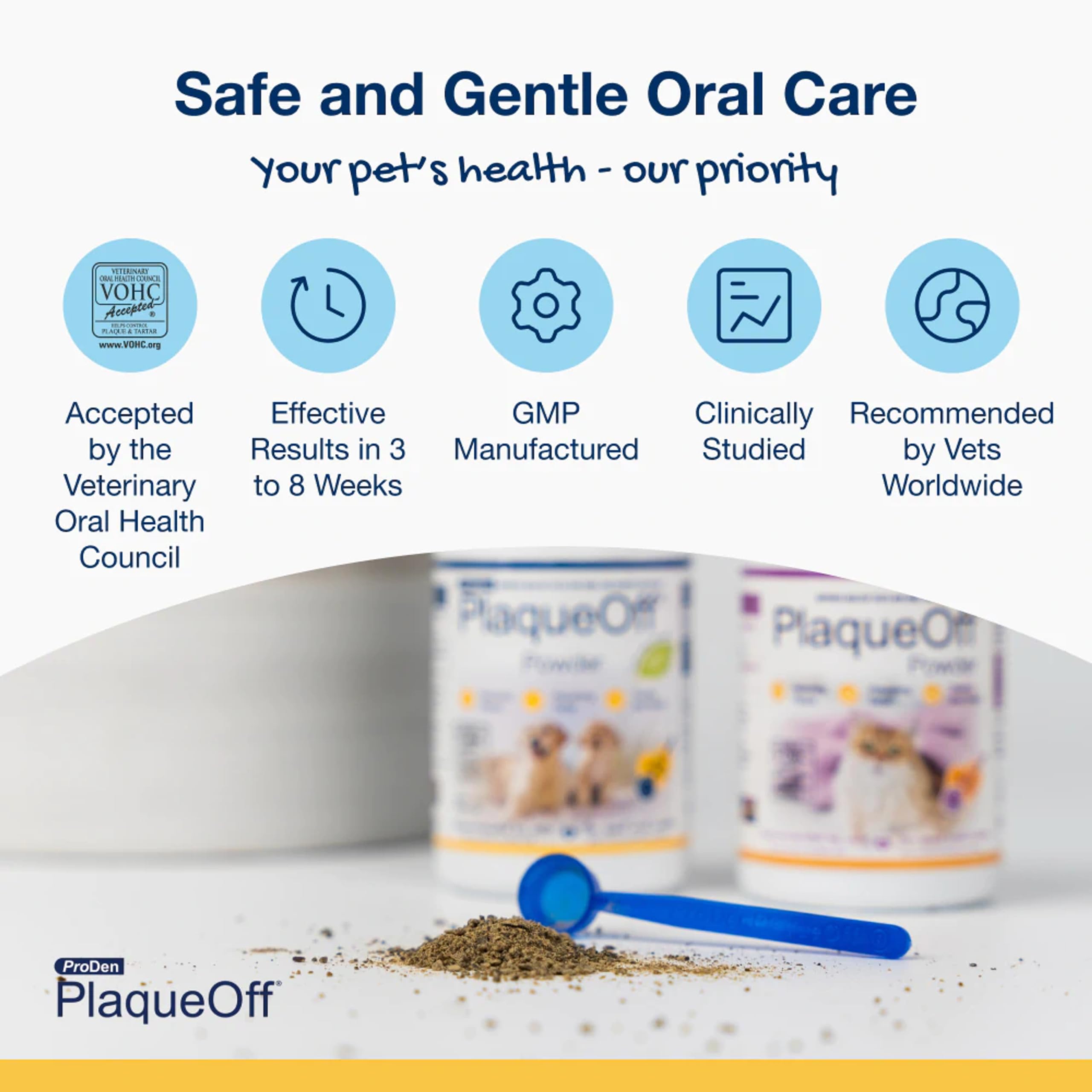 Polvo dental ProDen PlaqueOff para mezclar con la comida.