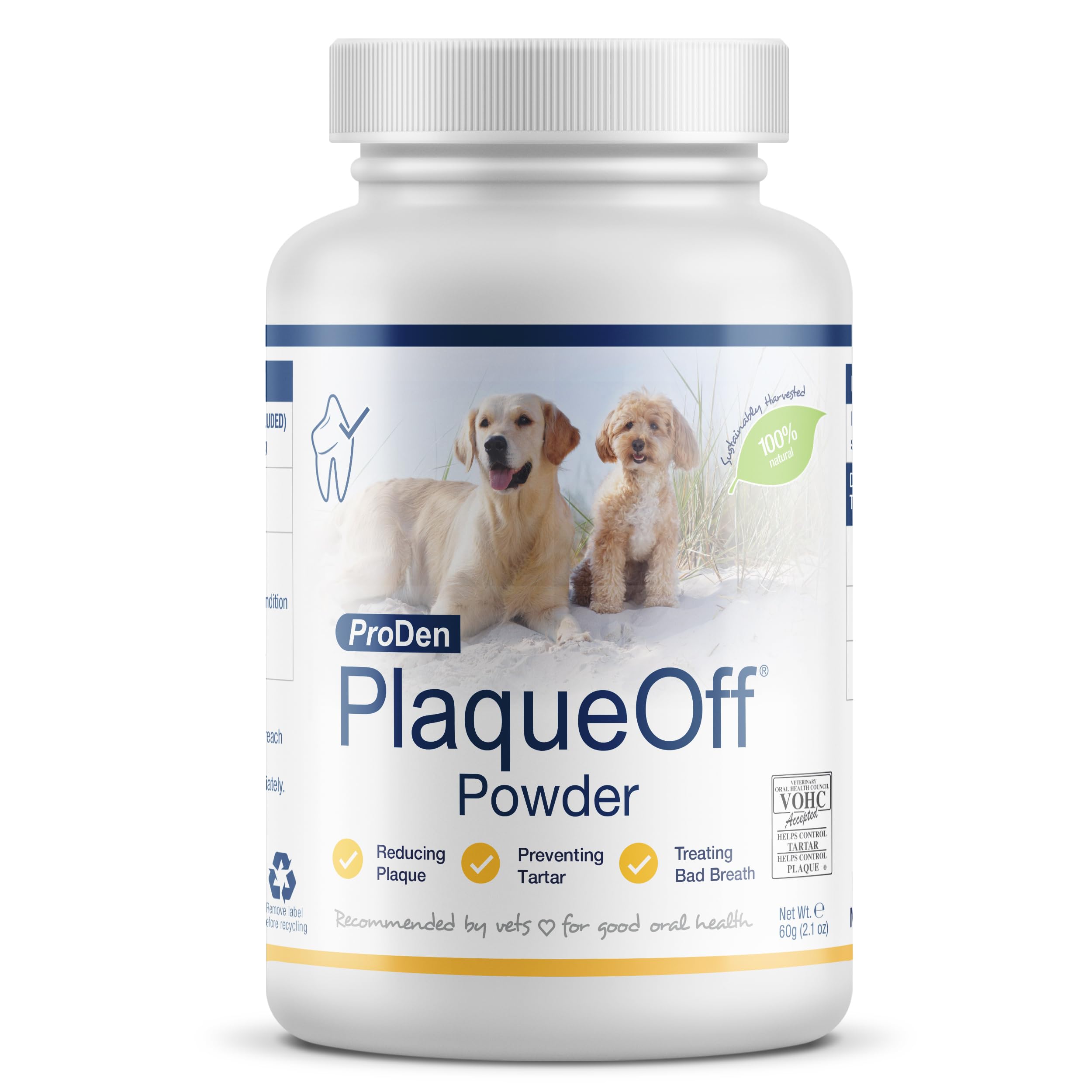 ProDen PlaqueOff polvo-oral para mascotas mejora la higiene bucal.