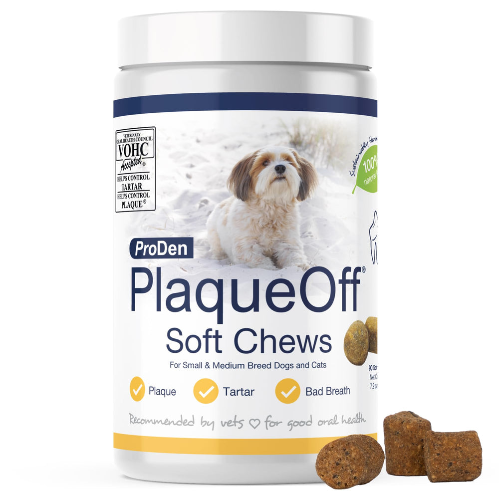 ProDen PlaqueOff Soft Chews en bote, ideal para almacenamiento y uso diario.