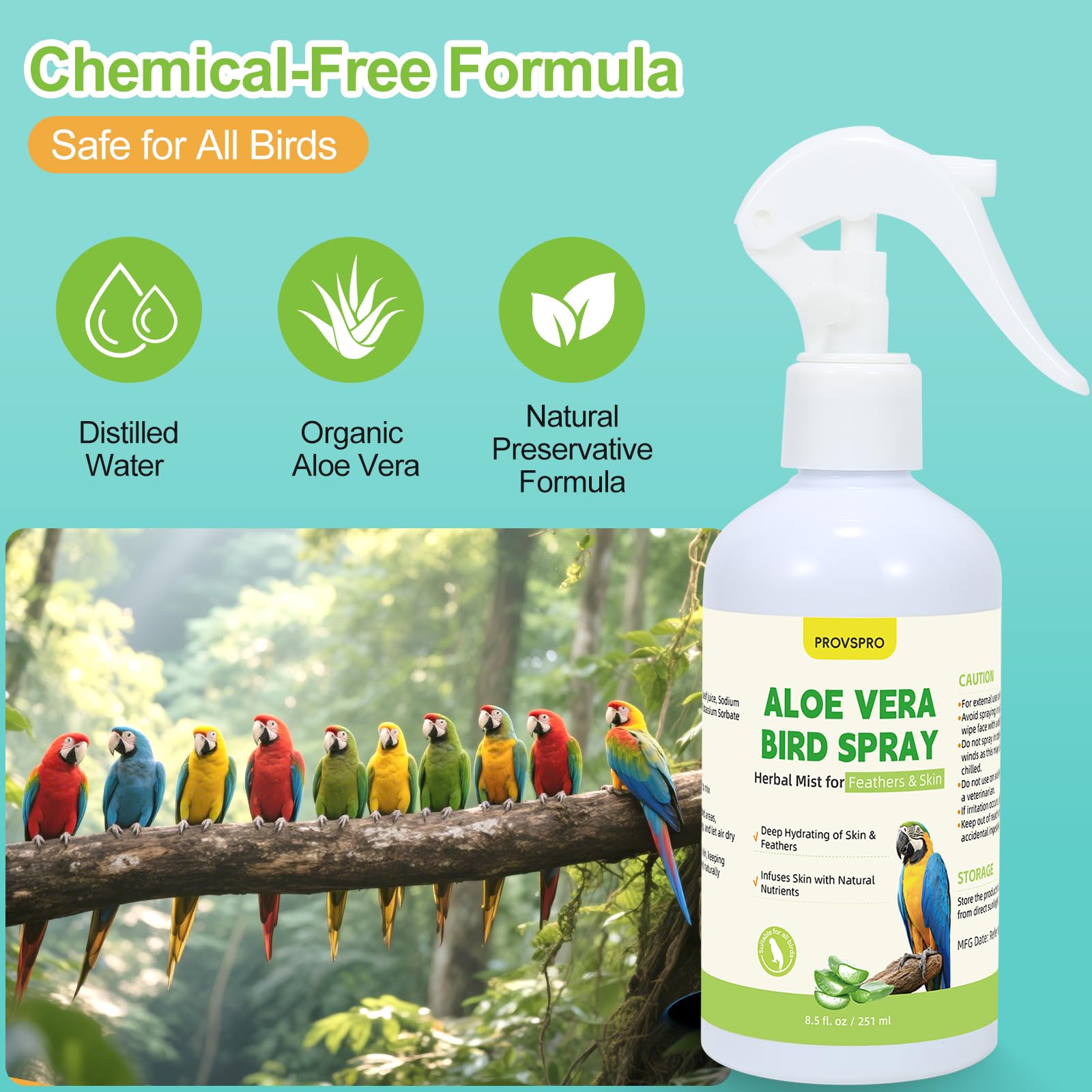 provspro rociador de Aloe Vera para aves, aves relajadas durante la muda gracias a la humedad suave.