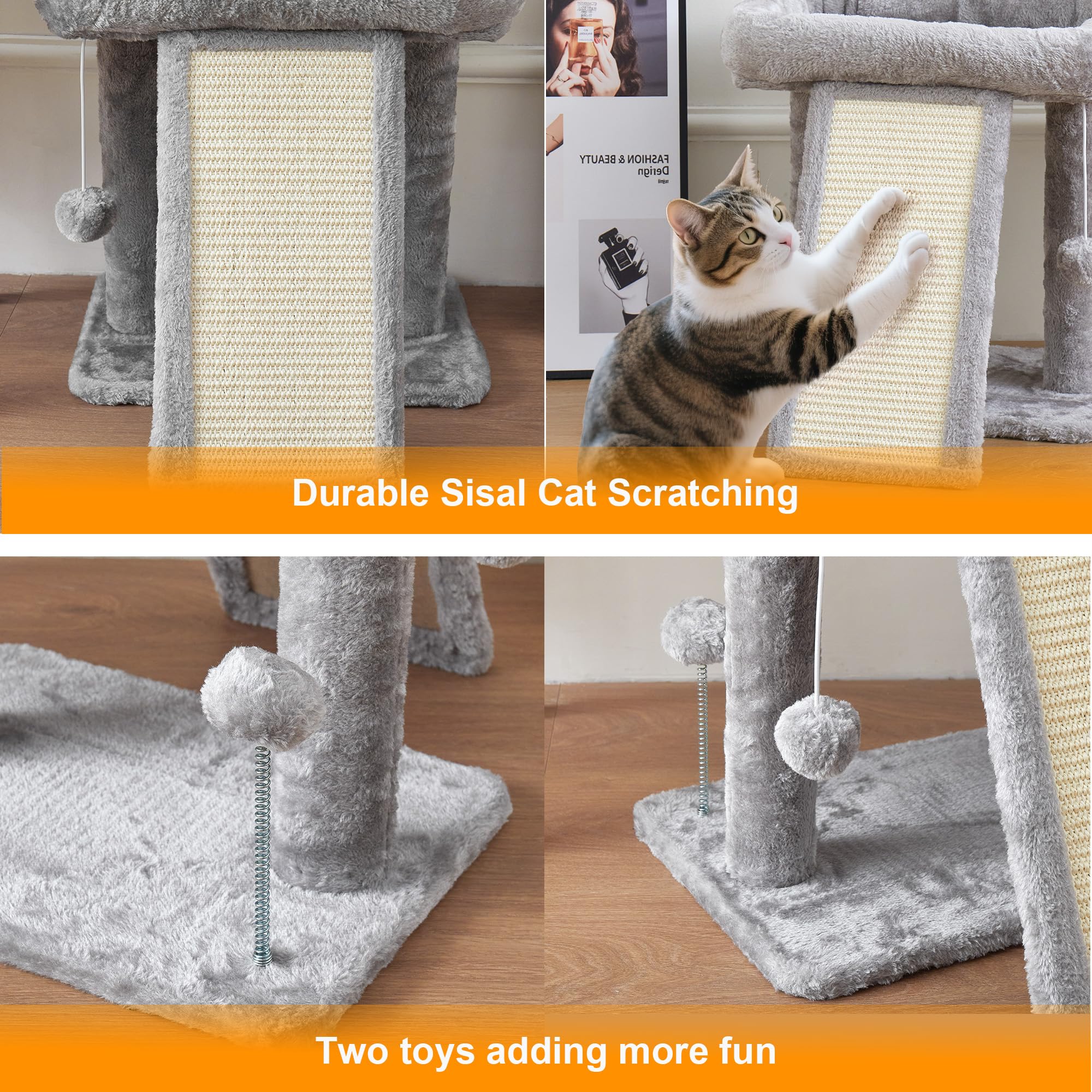 Diseño versátil para gatos activos dentro de casa.