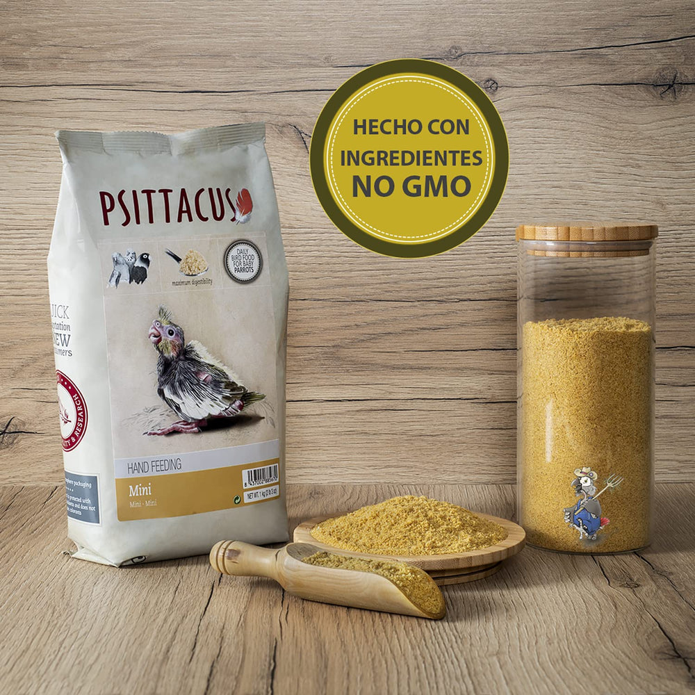 Producto terminado Psittacus Mini, alimento premium para loros jóvenes.