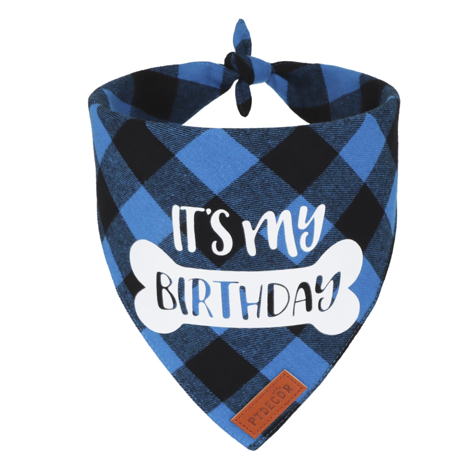 Bandana PTDECOR azul plaid para cumpleaños de perro.