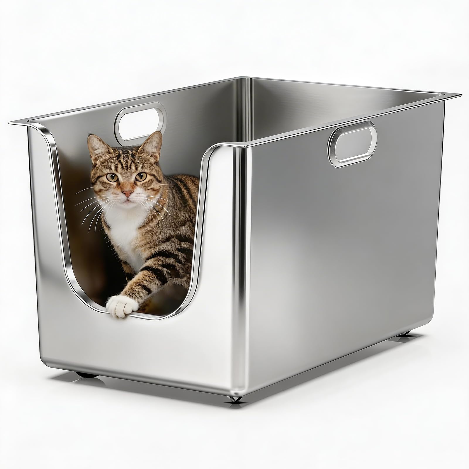 PTFFF caja de arena para gatos en acero inoxidable con laterales altos para evitar derrames