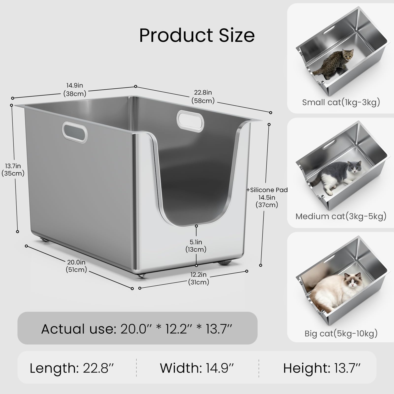 PTFFF caja extragrande de acero inoxidable ideal para gatos grandes y varios.