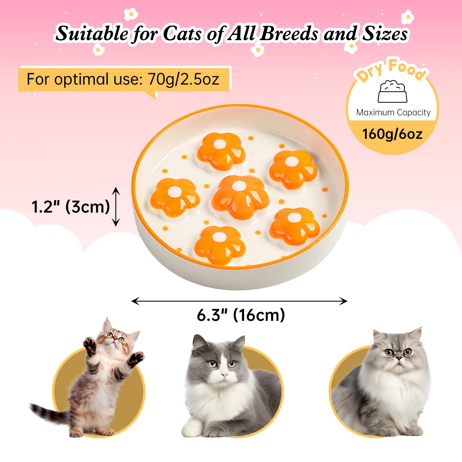 PTOBER bol cerámico para gatos con flor rosa, mejora la experiencia de comer despacio