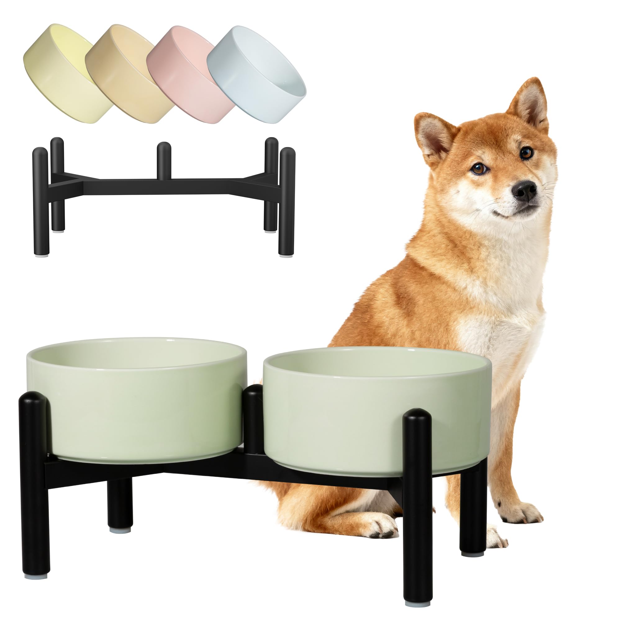 PTOBER cerámica elevada con dos cuencos para perros en verde, enfoque en comodidad de comer