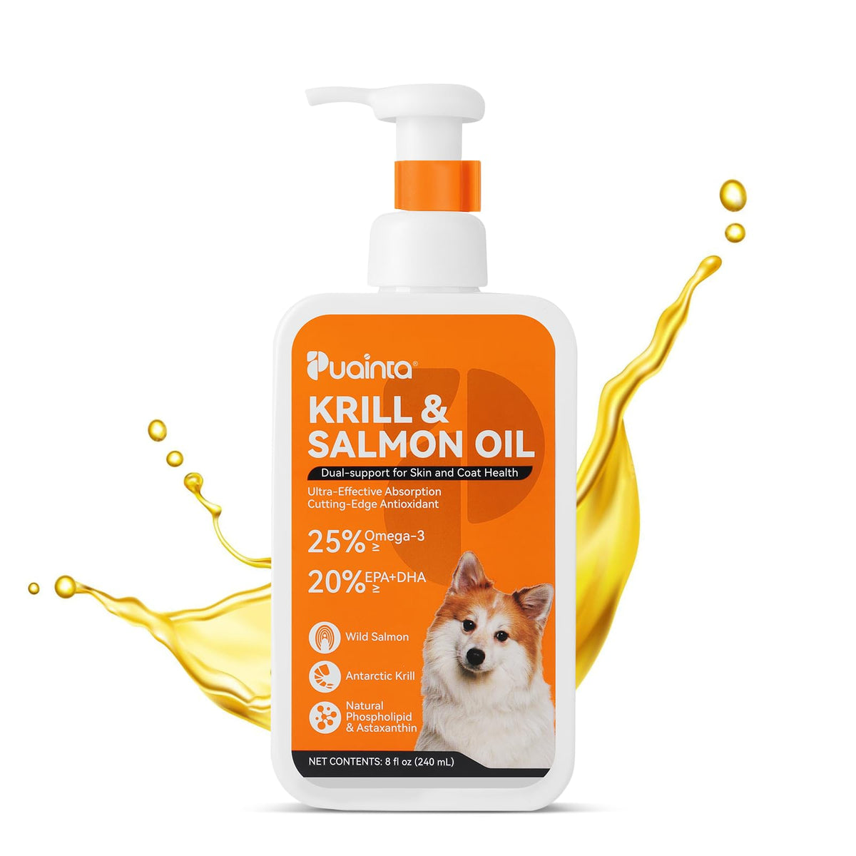 PUAINTA Aceite Krill & Salmon: frasco vertido, piel sana para perros y gatos