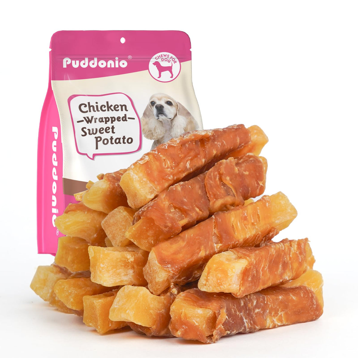 Puddonio Premios para perro pollo envuelto batata dulce, ideal para entrenamiento diario