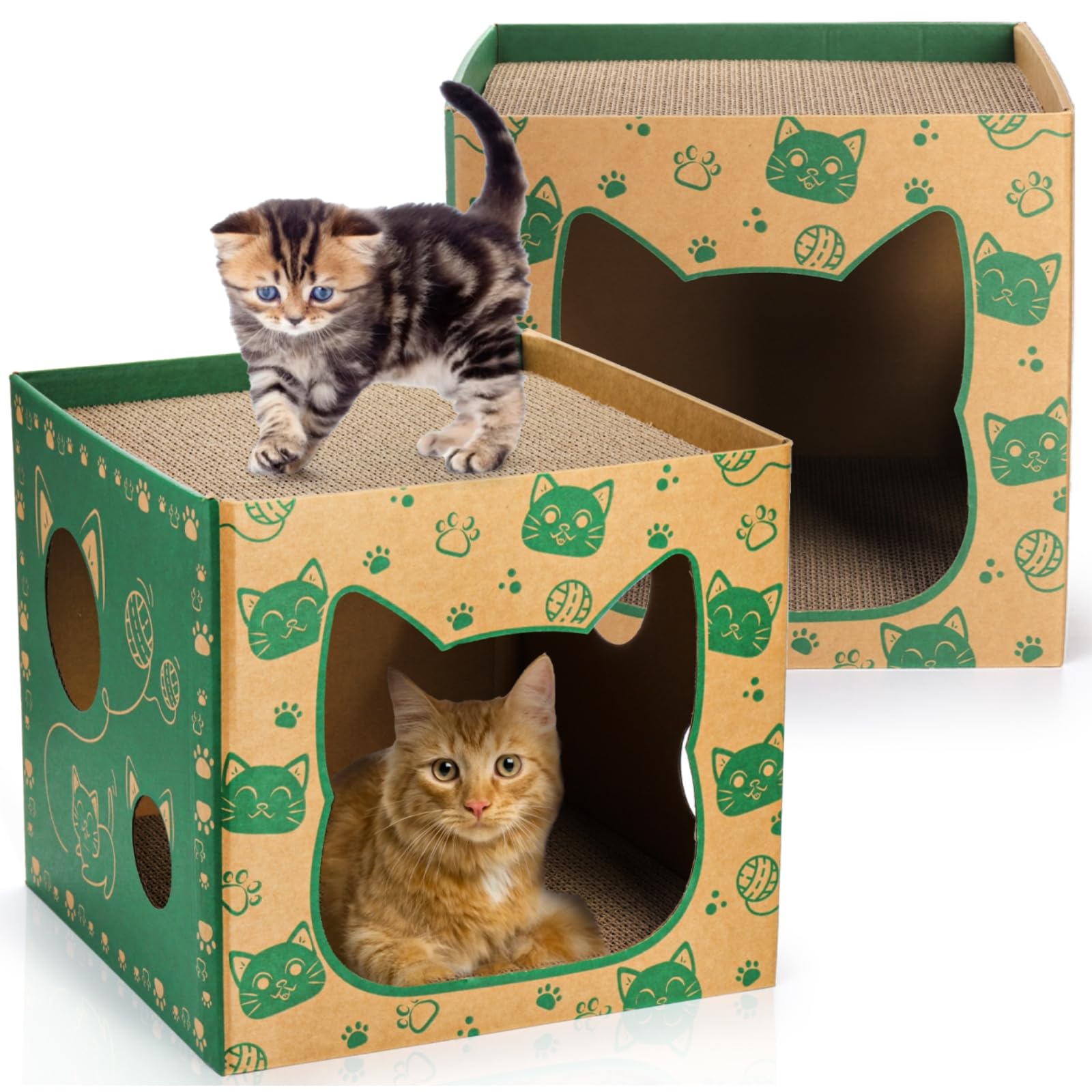 Pumtus: dos casas de gato de cartón, refugio seguro para juego y descanso.