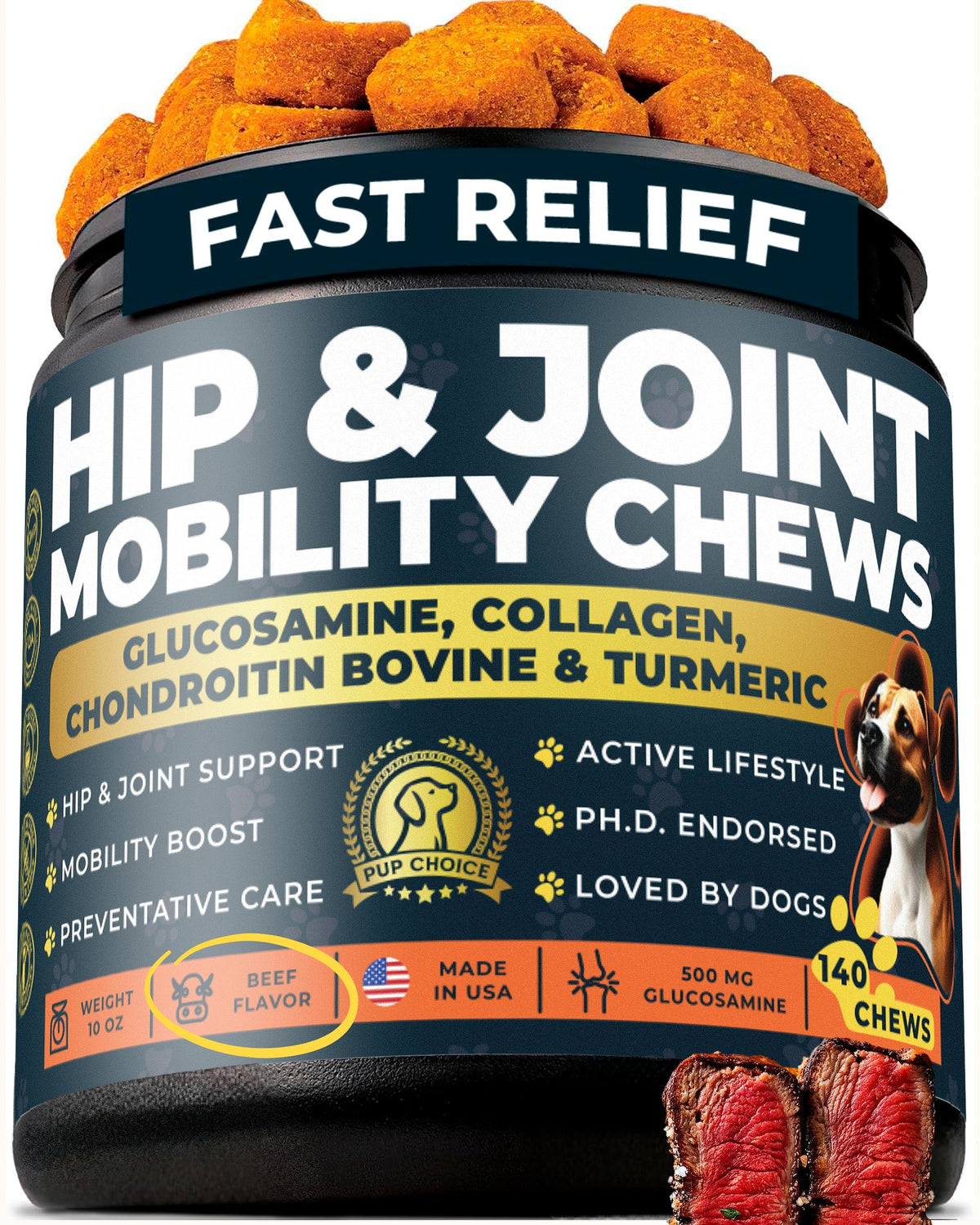 Pup Choice Glucosamina 500mg – botella de masticables, sabor ternera, administración diaria