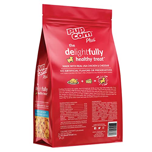 Pup Corn Plus chicken cheddar puffs close up, tasty crunchy dog snack