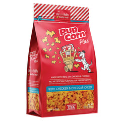 Pup Corn Plus: empaque frontal, snack bajo calorías para perros