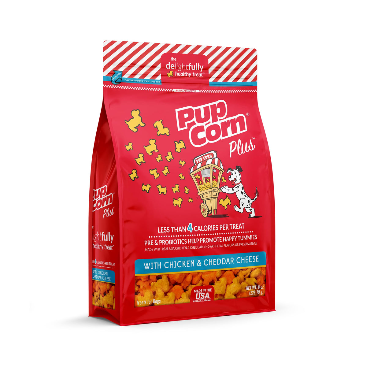 Pup Corn Plus pollo-cheddar-crujiente, snack bajo en calorías para perros activos.