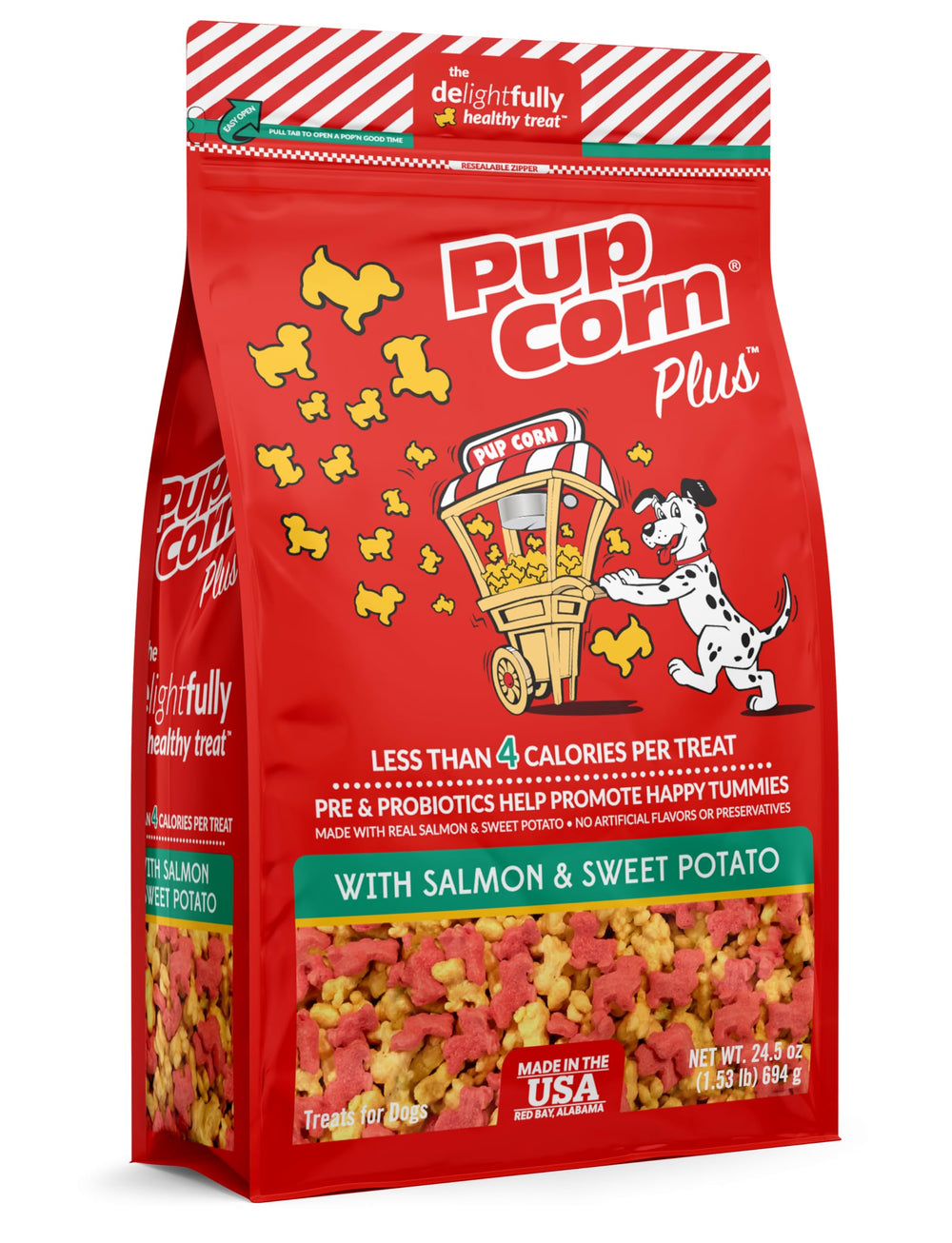 Pup Corn Plus con salmón y batata dulce, premio crujiente para masticar