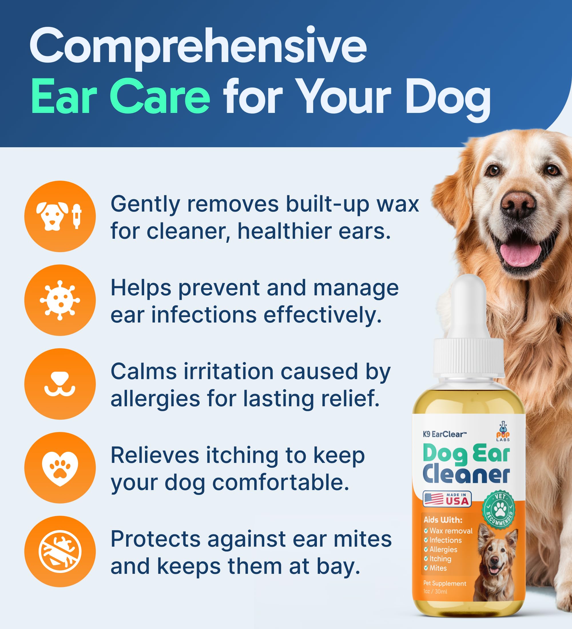 Pup Labs Ear Clear aplicacion-gotas: facilita la administración y limpieza suave de oídos.