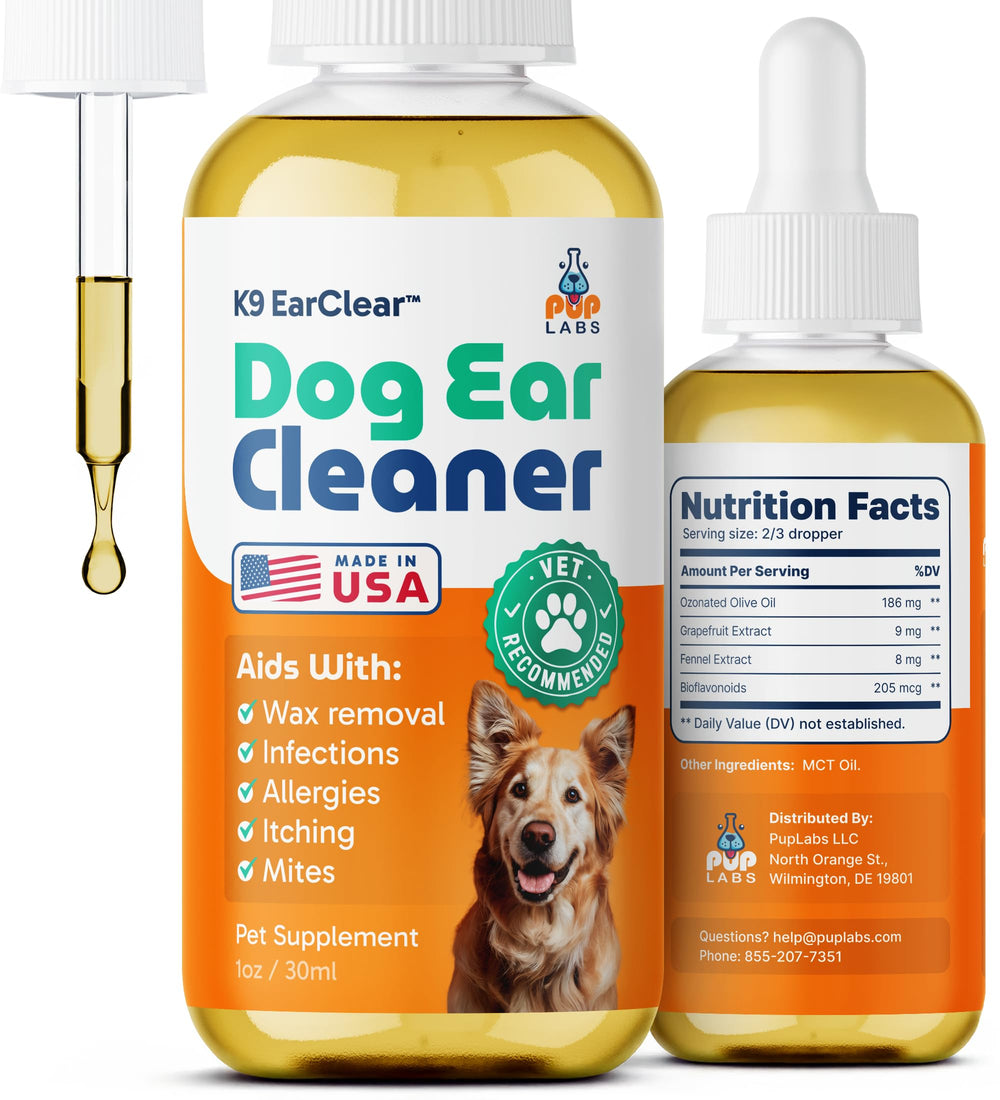 Pup Labs Ear Clear botella-gotas: limpieza suave del oído y frescura diaria para perros.