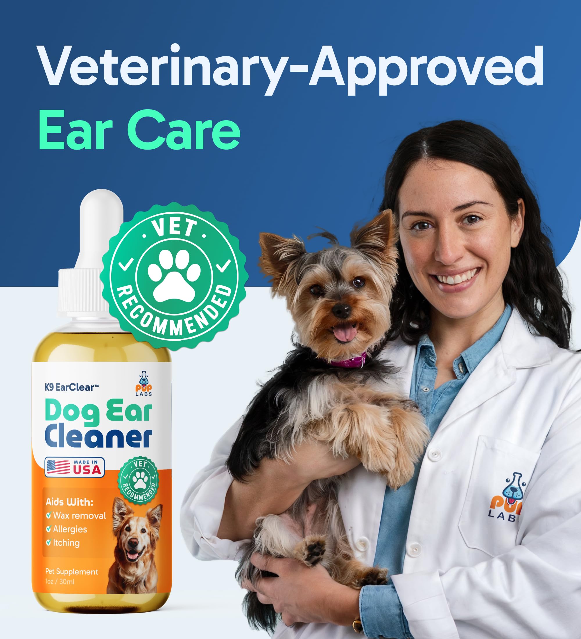 Pup Labs Ear Clear paquete de dos unidades para cuidado continuo.