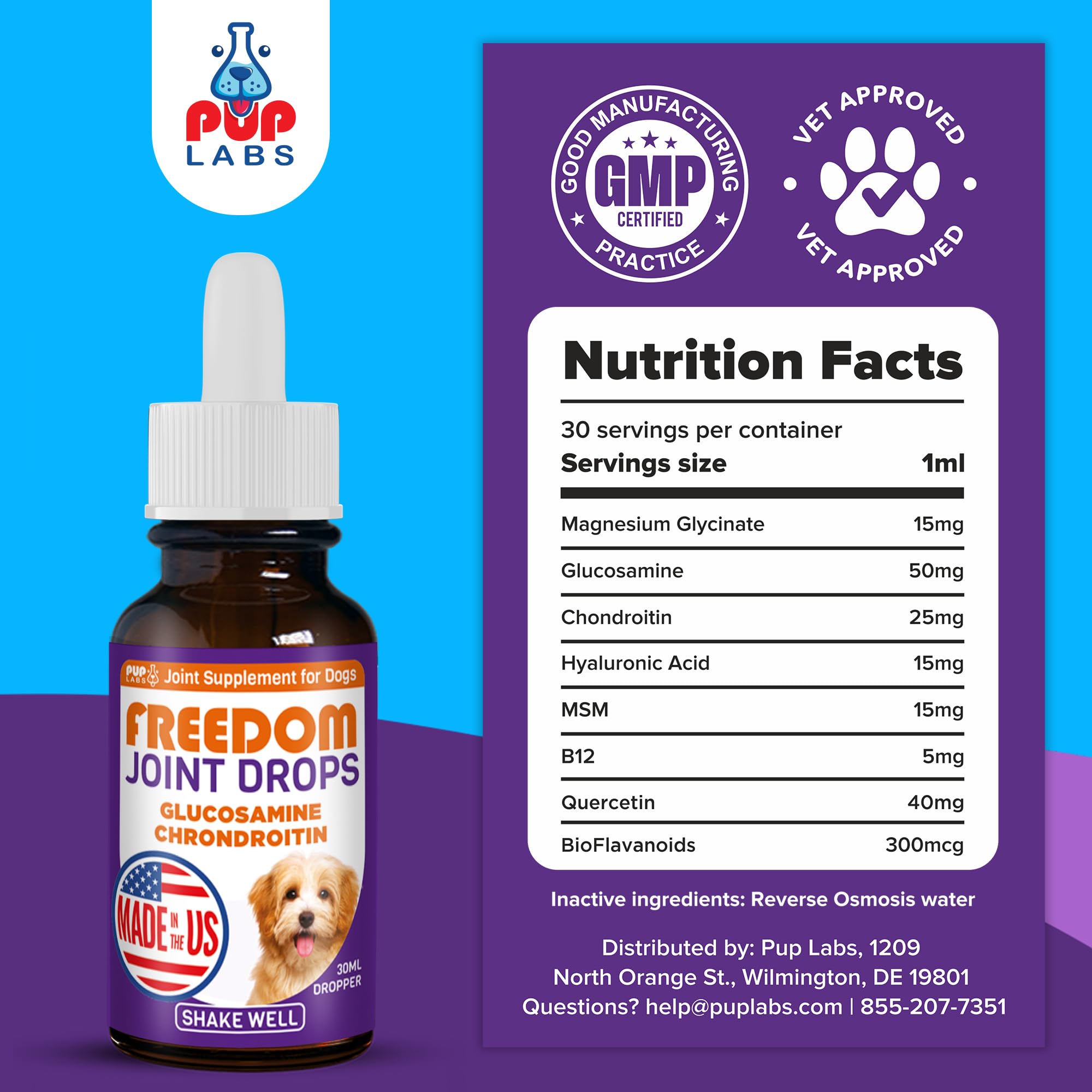 Pup Labs Freedom Joint Drops envase práctico y seguro
