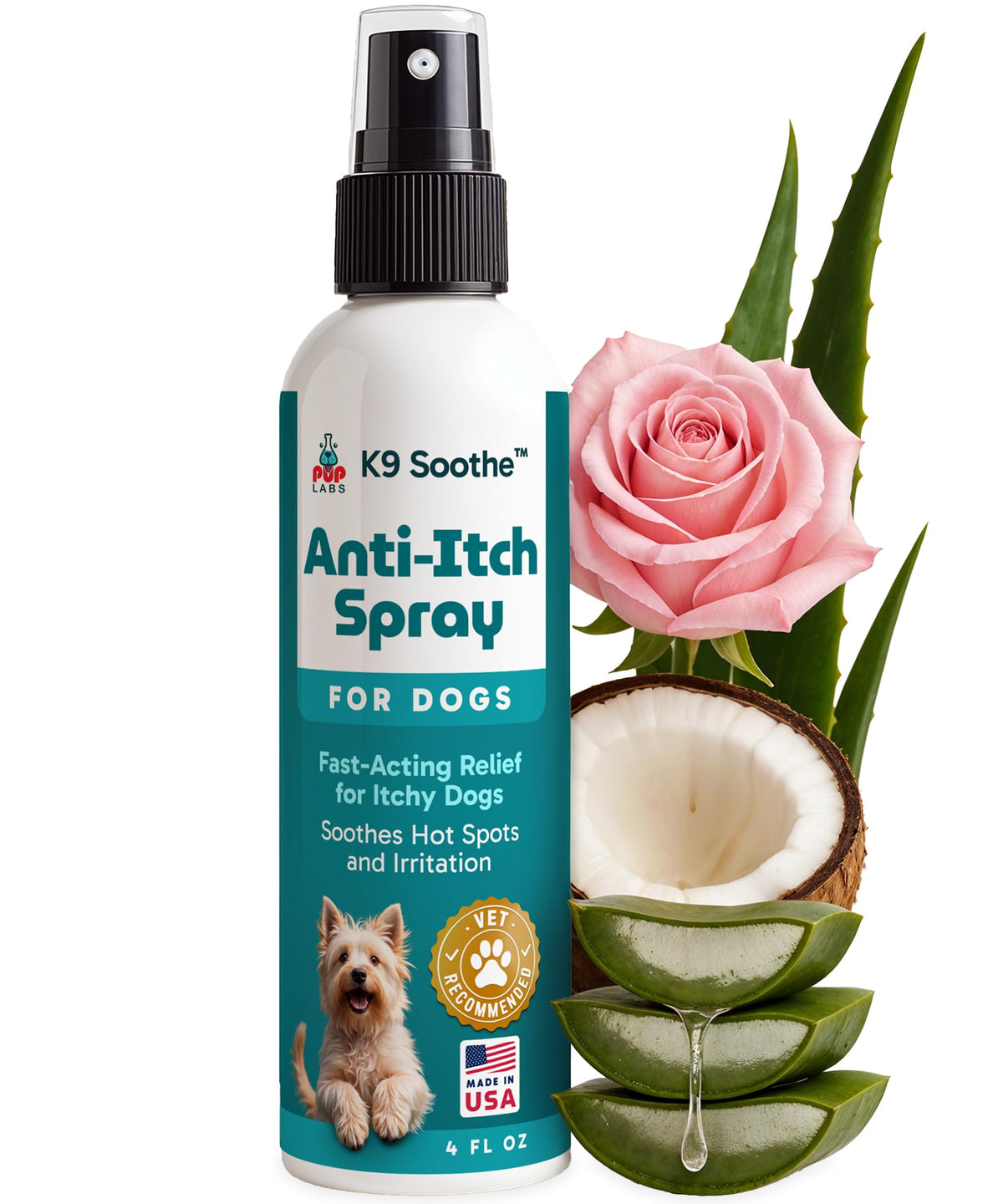 Pup Labs K9 Soothe botella spray para alivio suave de irritaciones en la piel.