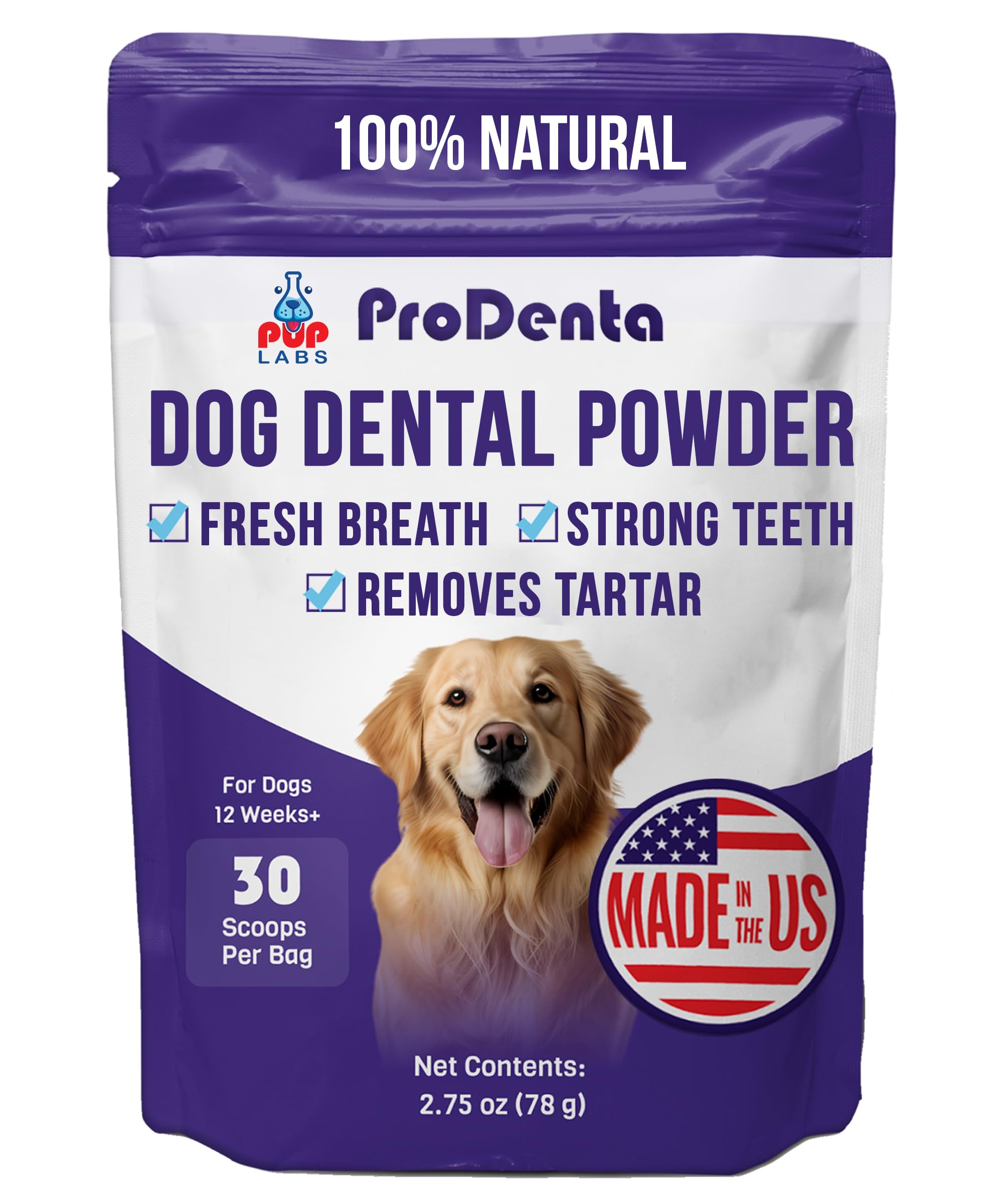 Prodenta de Pup Labs, polvo dental para perros, ideal para limpieza diaria.