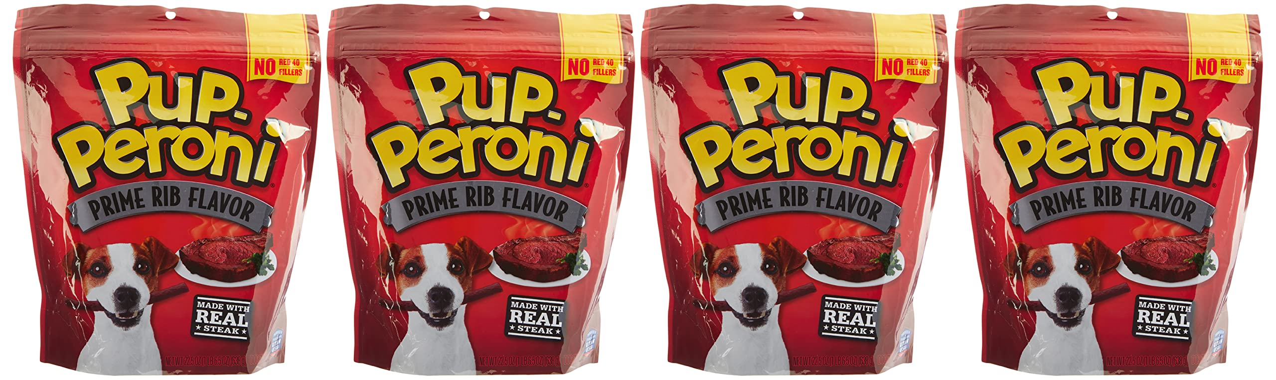 Pup-Peroni Prime Rib: empaque de cuatro bolsas, premio sabroso para perros.