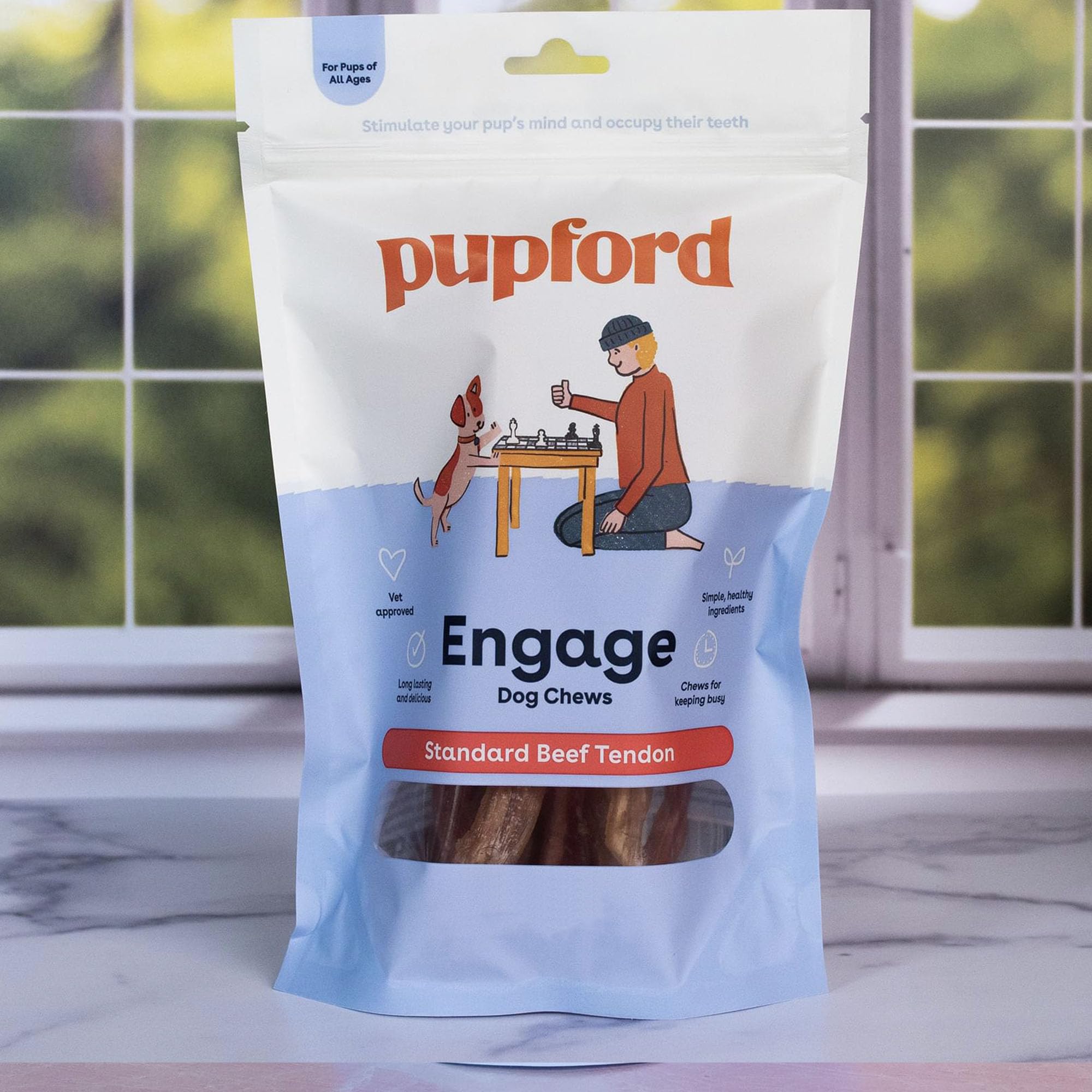 Pupford ingrediente único: tendón de ternera sin aditivos para snack sencillo.