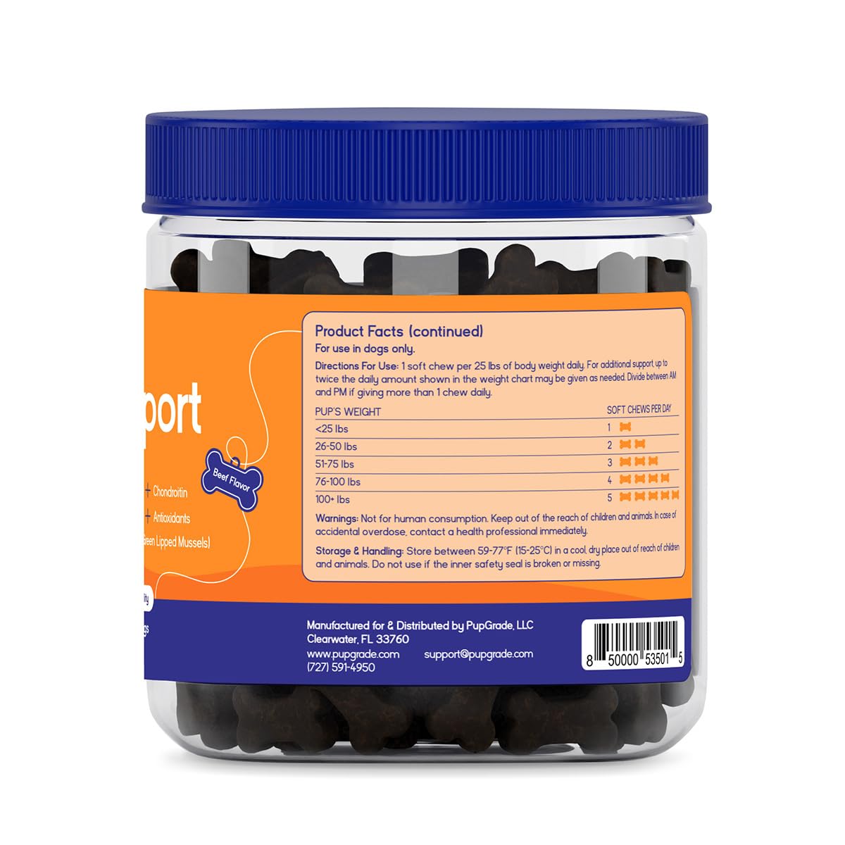PupGrade masticables suaves primer plano cerca de la fórmula glucosamina