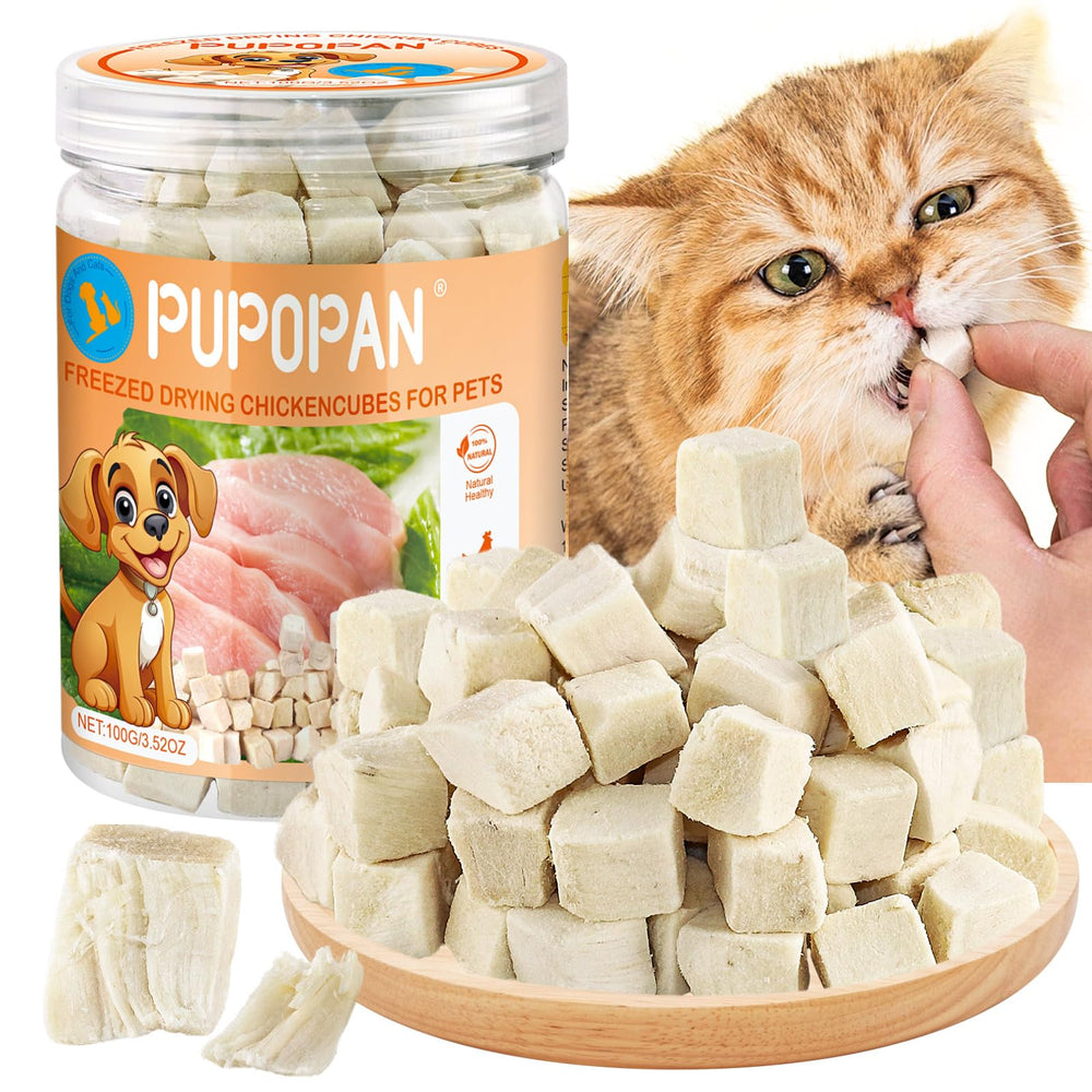 PuPoPan cubos de pollo liofilizados: snack natural y proteico para mascotas.
