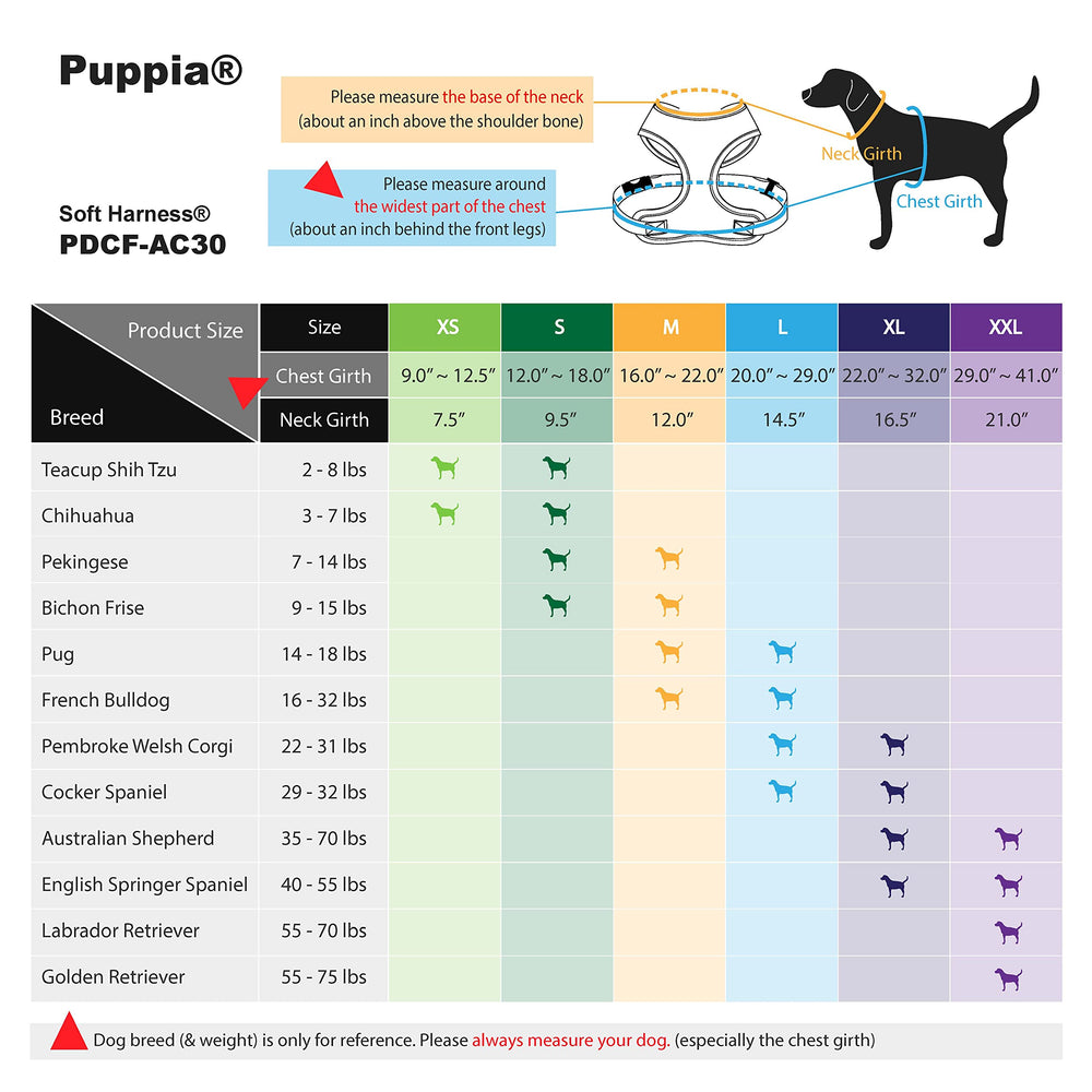 Puppia arnés suave con etiqueta de goma y cierre seguro.