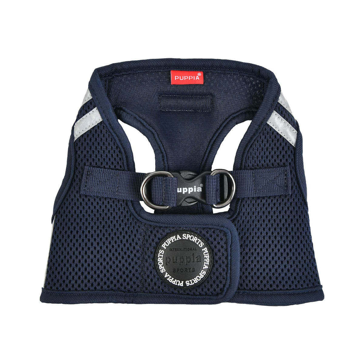 Arnés Puppia Soft Vest Pro en azul marino, vista frontal para mayor comodidad