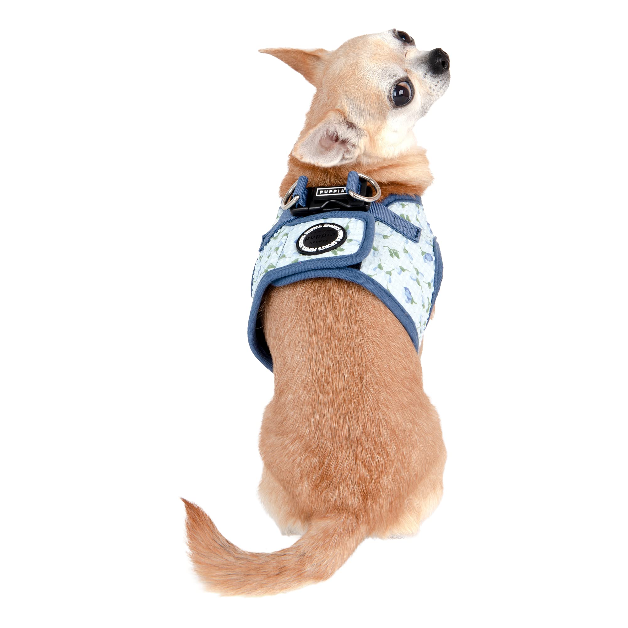 Puppia Florian arnés-vest azul con diseño floral para paseos con estilo.