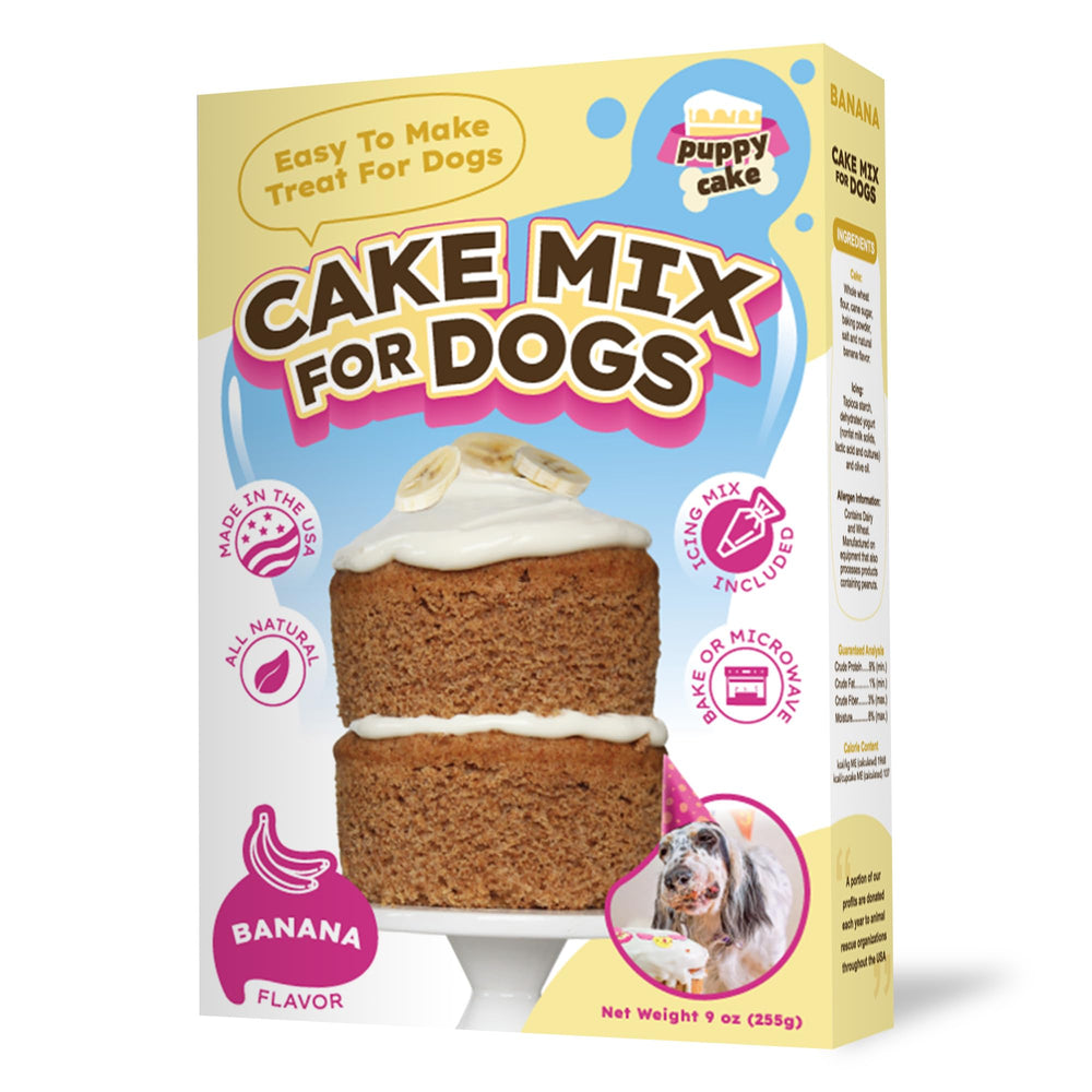 Puppy Cake mezcla de pastel de plátano para perros, opción natural para cumpleaños caninos.