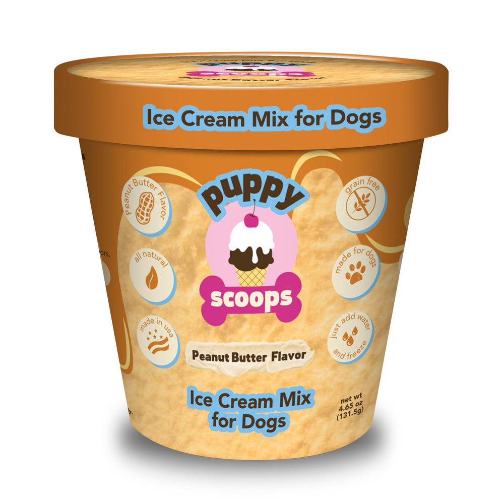 Puppy Scoops mezcla para perros, sabor mantequilla de maní, lista para mezclar.