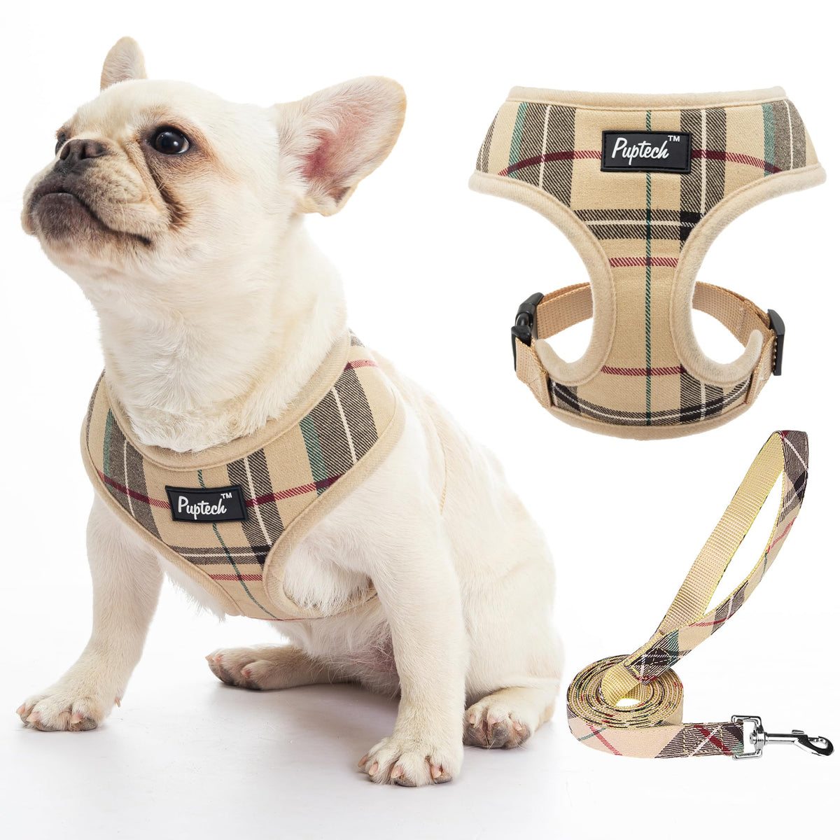 PUPTECK arnés de malla suave con plaid beige para paseos diarios
