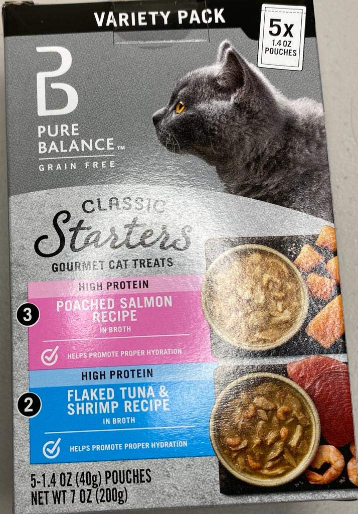Pure Balance bocaditos para gatos sin granos, vista frontal del envase, snack sabroso.