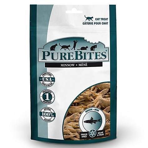 Pure Bite pececillo congelado empaque frontal, snack natural para gatos