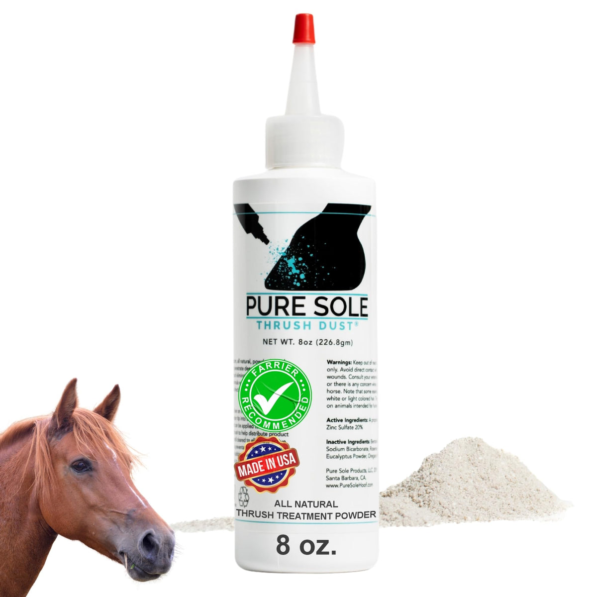 Pure Sole Thrush Dust en envase, práctico para mantener cascos secos.
