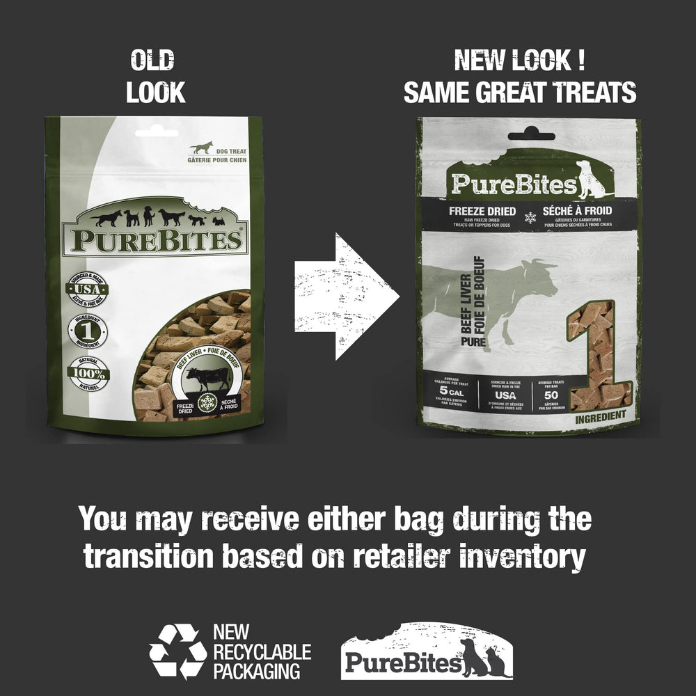 PureBites ingrediente unico: hígado de res liofilizado, alto en proteína.