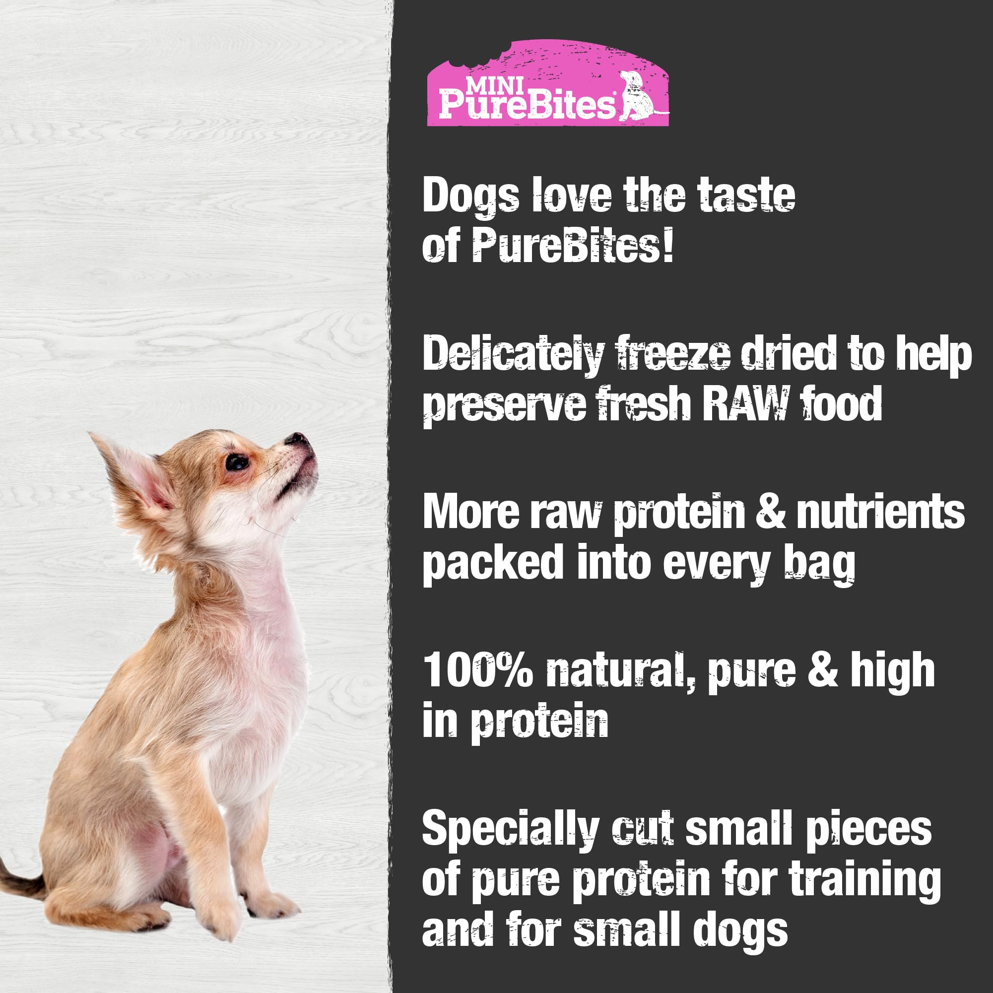 PureBites envase reciclable, opción sostenible para snack canino diario.