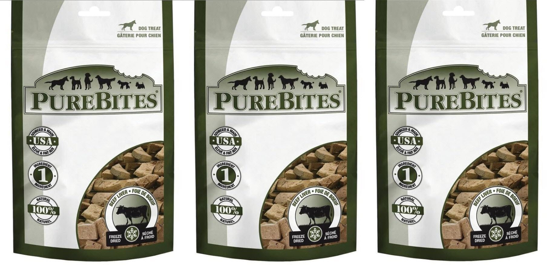 PureBites hígado de res deshidratado por liofilización, paquete de tres bolsas para perros, premio para entrenamiento