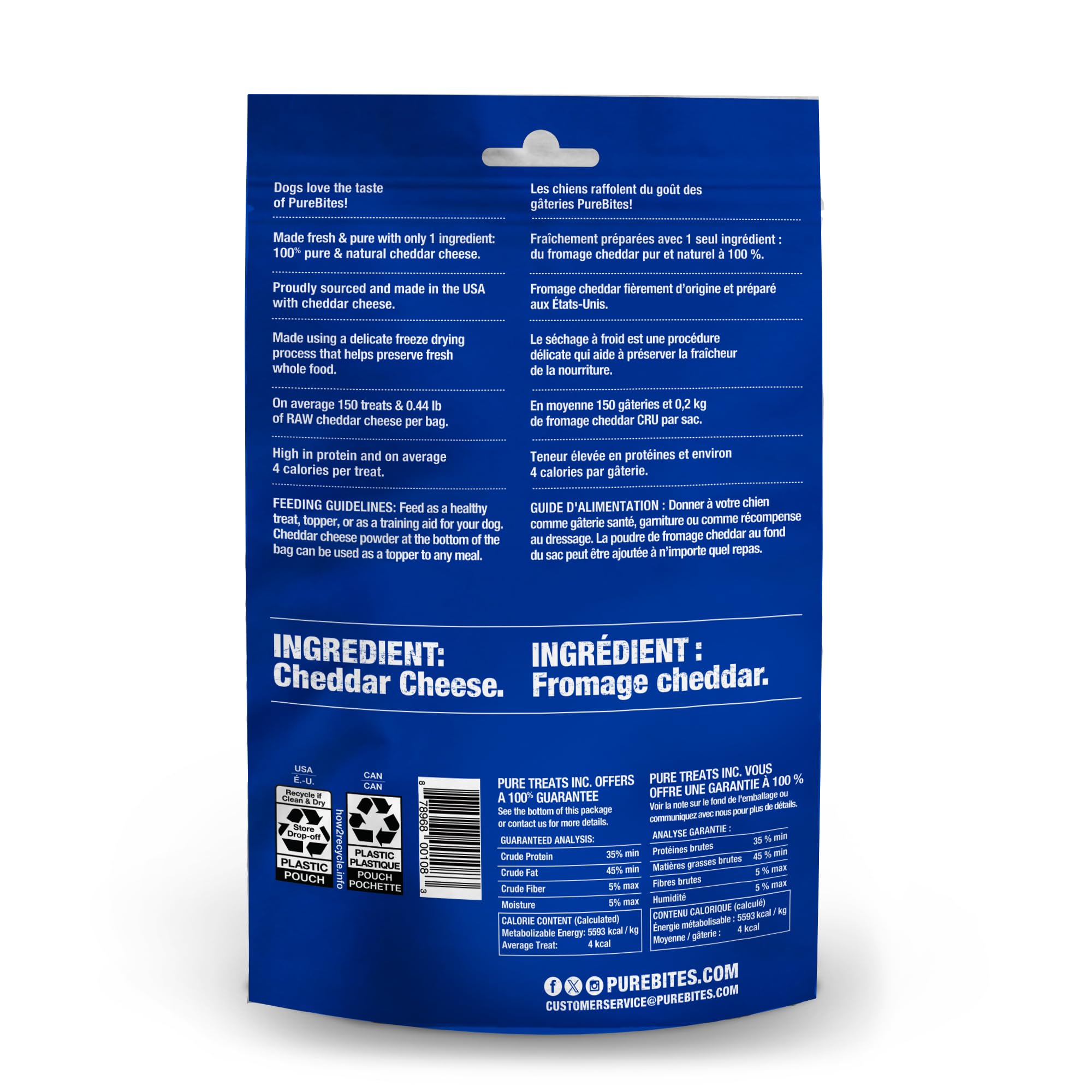 Envase de 119 g de PureBites cheddar, snack proteico para perros