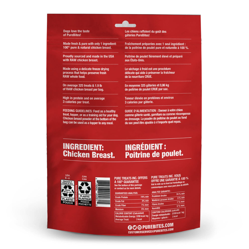 PureBites ingrediente único pollo, fuente de proteína natural.