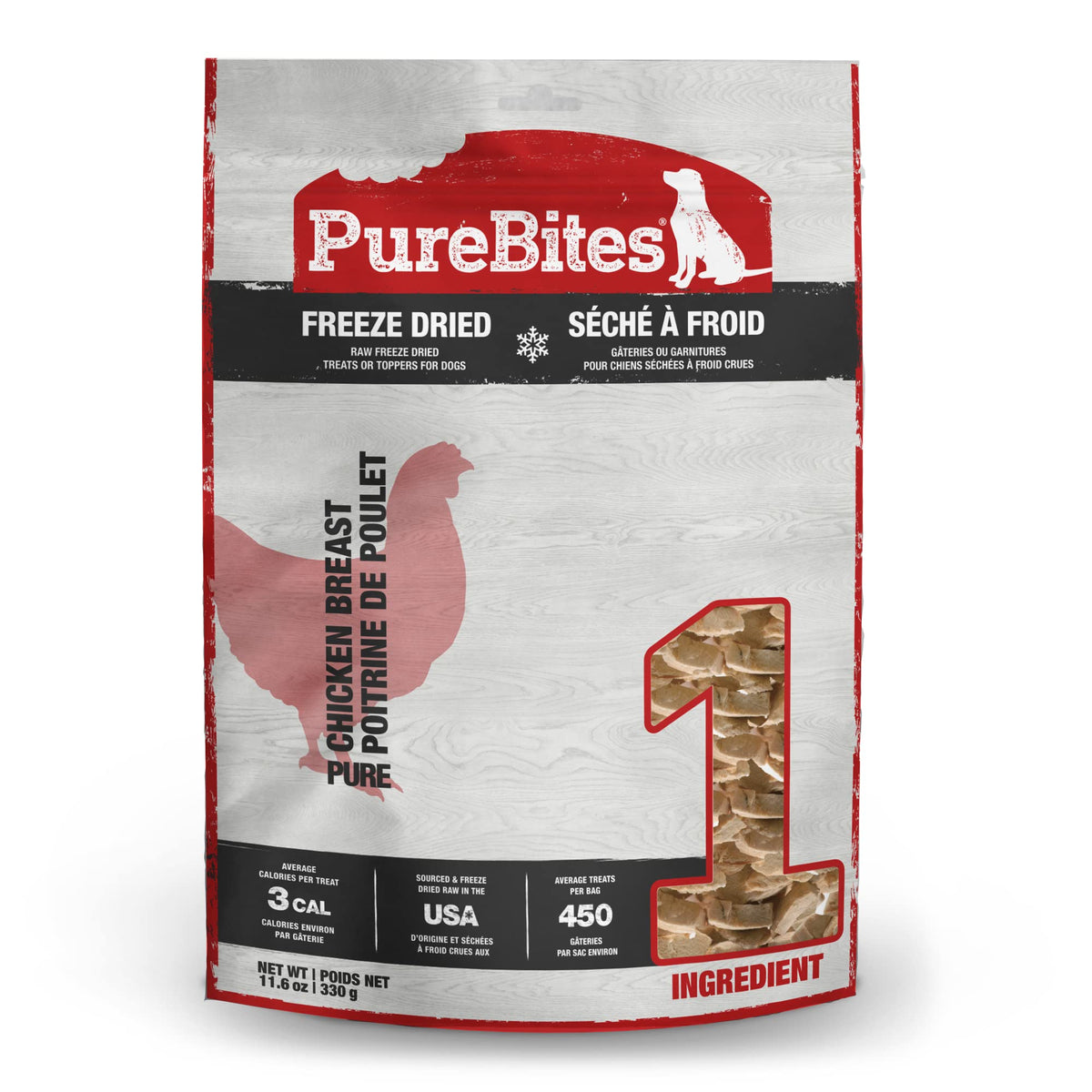 PureBites pechuga de pollo deshidratada, bocaditos para perros, sabor natural.