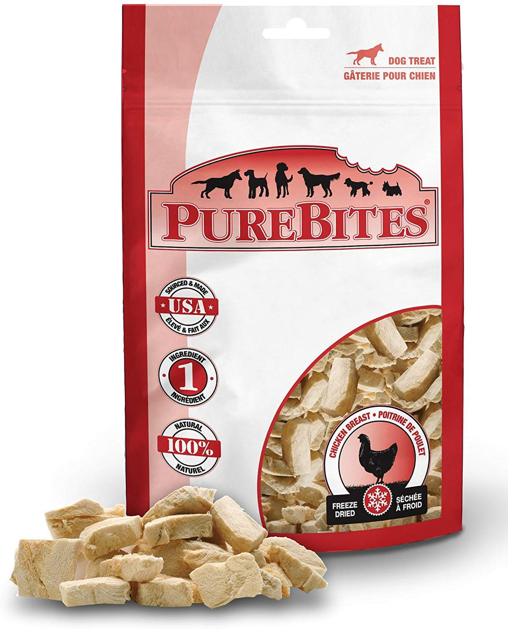 PureBites pechuga de pollo deshidratada, envase visible, recompensa sabrosa para perros.